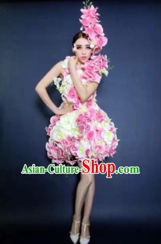 Brazilian Carnival Parade Halloween Costumes Catwalks Stage Show Pink Flowers Dress and Headwear for Women