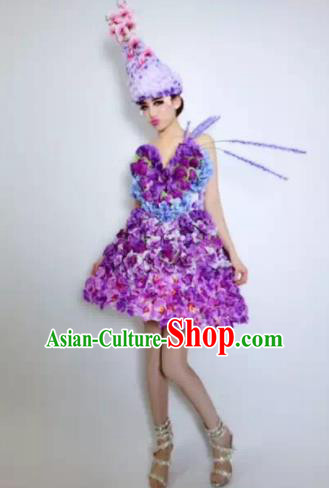 Brazilian Carnival Parade Halloween Costumes Catwalks Stage Show Purple Flowers Dress and Headwear for Women