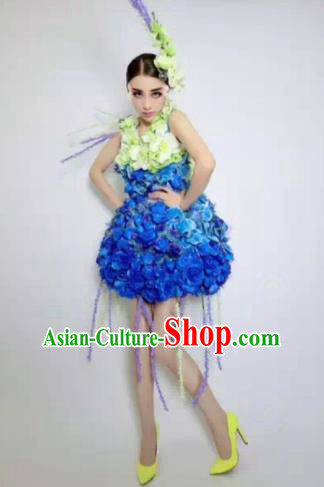 Brazilian Carnival Parade Halloween Costumes Catwalks Stage Show Royalblue Flowers Dress and Headwear for Women