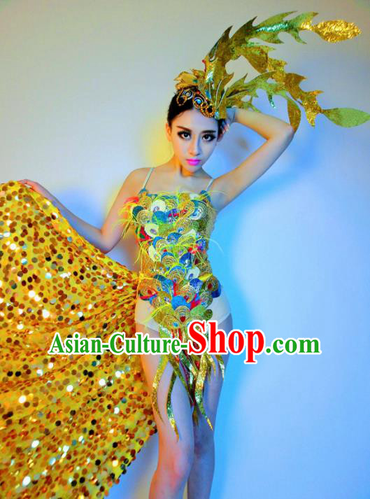 Brazilian Carnival Parade Halloween Costumes Catwalks Stage Show Golden Dress and Headwear for Women