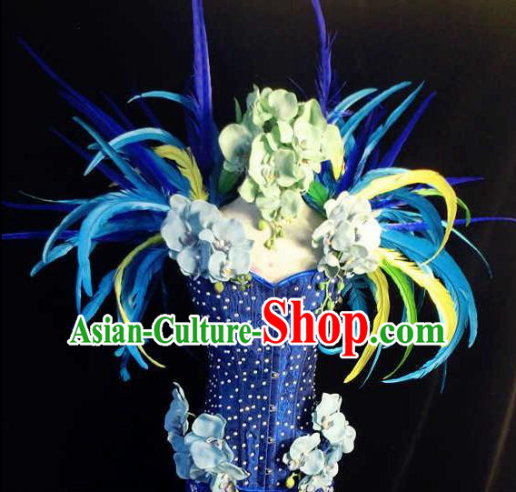 Brazilian Carnival Parade Costumes Halloween Catwalks Clothing and Blue Feather Wings for Women