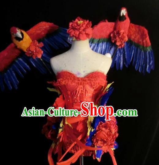Brazilian Carnival Parade Costumes Halloween Catwalks Clothing and Red Birds Feather Wings for Women