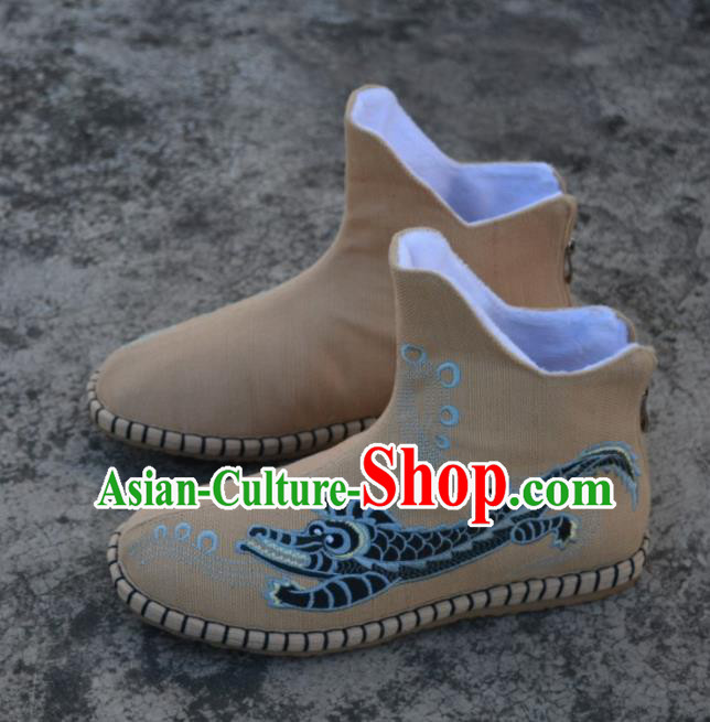 Chinese Traditional Boots Ancient Swordsman Shoes Embroidered Crocodile Khaki Shoes for Men