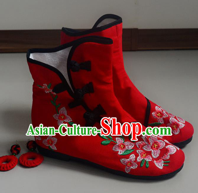 Chinese Traditional Hanfu Boots Ancient Shoes Embroidered Red Shoes for Women