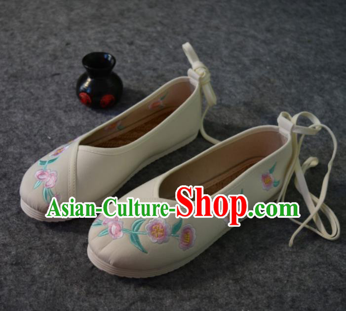 Chinese Traditional Hanfu Shoes Ancient Princess Shoes Beige Embroidered Shoes for Women