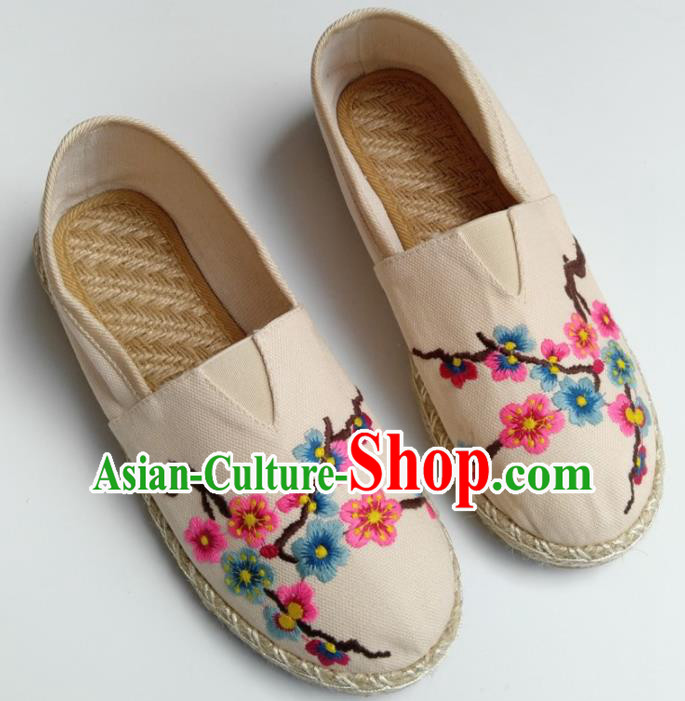 Chinese Traditional Hanfu Shoes Ancient Princess Shoes Embroidered Beige Linen Shoes for Women