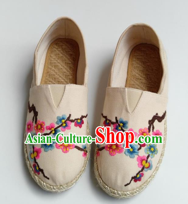 Chinese Traditional Hanfu Shoes Ancient Princess Shoes Embroidered Beige Linen Shoes for Women