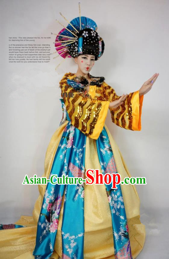 Brazilian Carnival Parade Costumes Halloween Cosplay Geisha Golden Dress and Headwear for Women