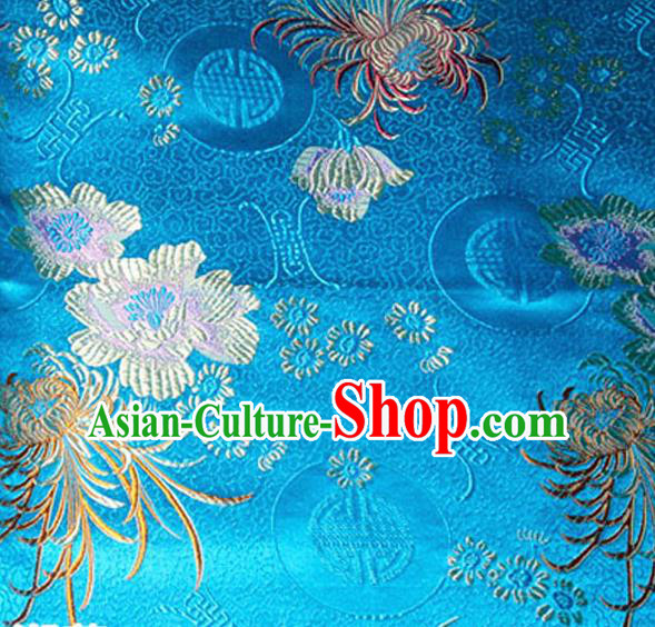 Asian Chinese Tang Suit Material Traditional Chrysanthemum Peony Pattern Design Blue Satin Brocade Silk Fabric