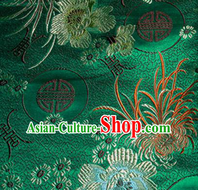 Asian Chinese Tang Suit Material Traditional Chrysanthemum Peony Pattern Design Deep Green Satin Brocade Silk Fabric