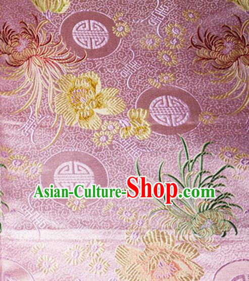Asian Chinese Tang Suit Material Traditional Chrysanthemum Peony Pattern Design Pink Satin Brocade Silk Fabric