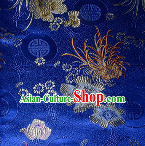 Asian Chinese Tang Suit Material Traditional Chrysanthemum Peony Pattern Design Royalblue Satin Brocade Silk Fabric