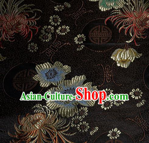 Asian Chinese Tang Suit Material Traditional Chrysanthemum Peony Pattern Design Black Satin Brocade Silk Fabric