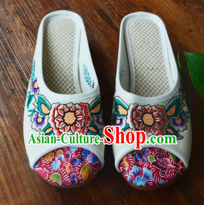 Chinese Traditional Hanfu Shoes Ancient Princess Shoes Embroidered White Linen Slippers for Women