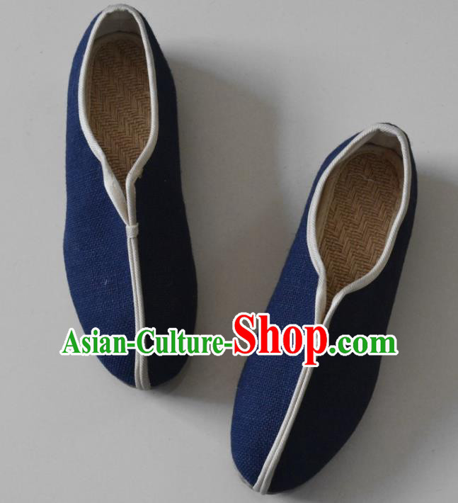 Chinese Traditional National Navy Linen Shoes Martial Arts Shoes Ancient Monk Shoes for Men