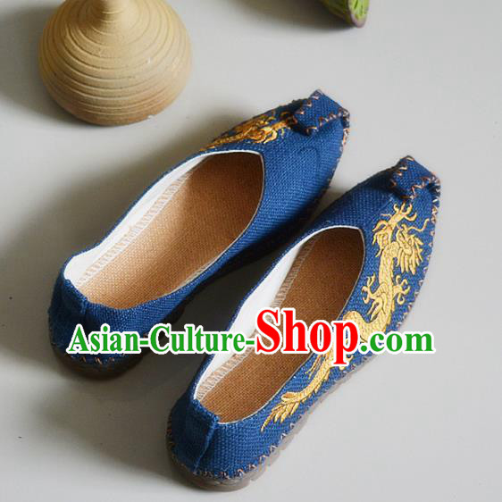 Chinese Traditional National Embroidered Dragons Navy Linen Shoes Martial Arts Shoes Ancient Monk Shoes for Men