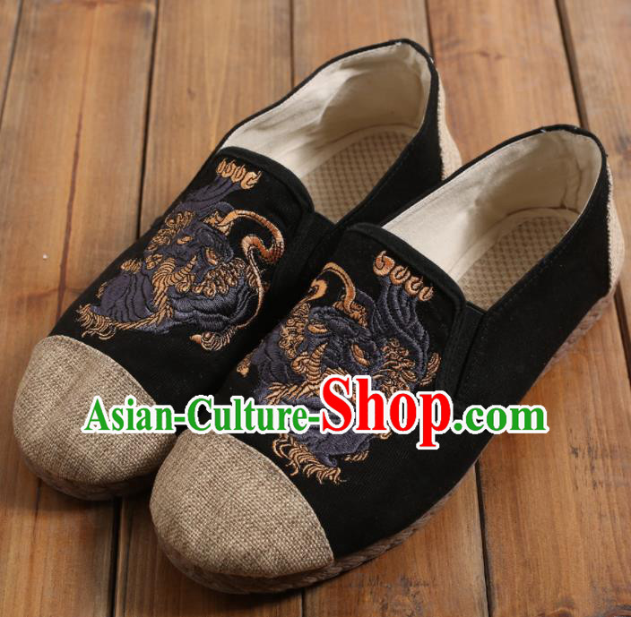 Chinese Traditional National Embroidered Shoes Martial Arts Shoes Ancient Monk Black Linen Shoes for Men