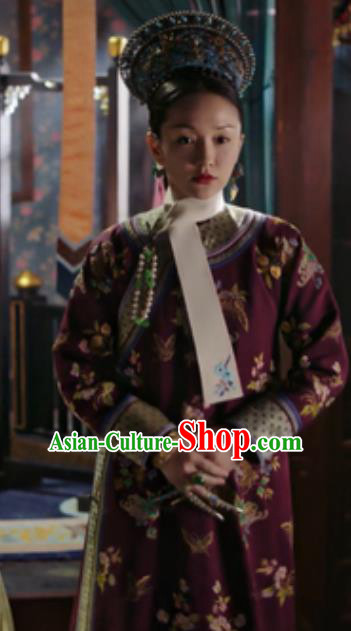 Chinese Traditional Palace Costumes Ancient Qing Dynasty Manchu Imperial Consort Ruyi Embroidered Dresses and Headpiece Complete Set