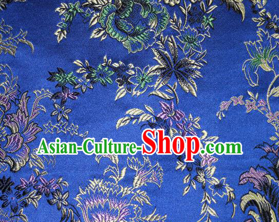 Asian Chinese Tang Suit Silk Fabric Royalblue Brocade Traditional Peony Pattern Design Satin Material