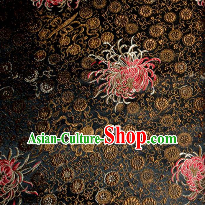 Asian Traditional Royal Chrysanthemum Pattern Design Black Satin Material Chinese Tang Suit Brocade Silk Fabric