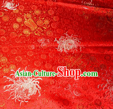 Asian Traditional Royal Chrysanthemum Pattern Design Red Satin Material Chinese Tang Suit Brocade Silk Fabric