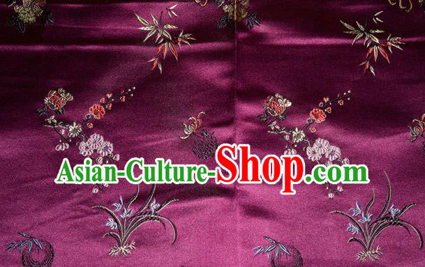 Asian Chinese Tang Suit Purple Brocade Silk Fabric Traditional Plum Blossom Orchid Bamboo Chrysanthemum Pattern Design Satin Material