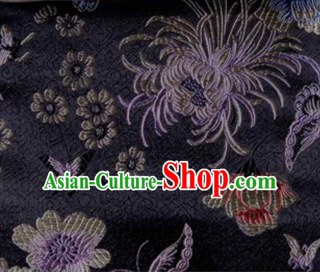 Asian Traditional Peony Chrysanthemum Pattern Design Black Satin Material Chinese Tang Suit Brocade Silk Fabric