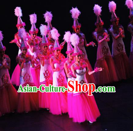 Chinese Traditional Kazak Nationality Group Dance Costumes Classical Dance Stage Performance Dress for Women