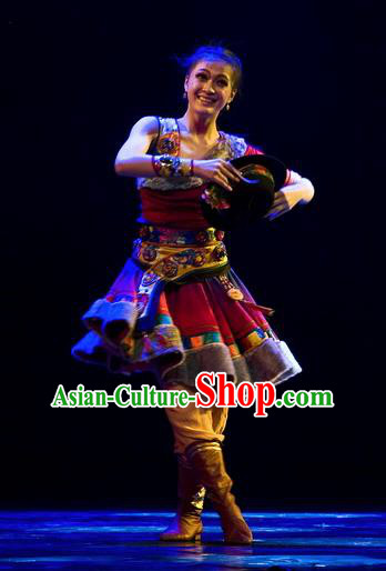 Chinese Traditional Zang Nationality Dance Costumes Group Dance Stage Performance Dress for Women