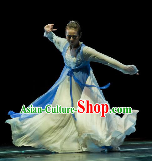 Chinese Traditional Classical Dance Costumes Stage Performance Folk Dance Blue Dress for Women