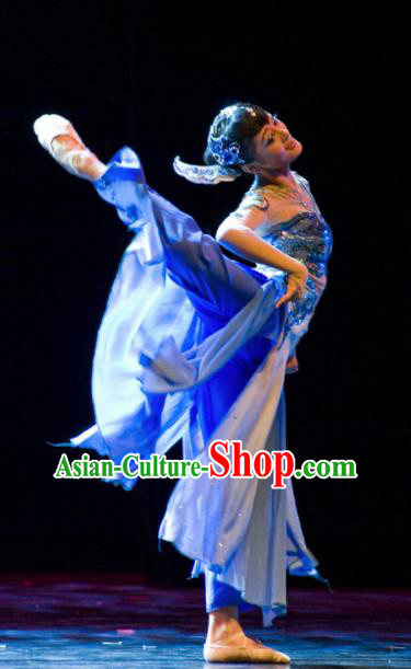 Chinese Traditional Classical Dance Group Dance Costumes Stage Performance Blue Dress for Women