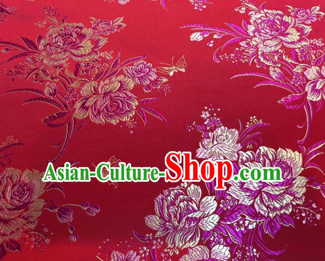 Asian Traditional Royal Peony Pattern Design Red Satin Material Chinese Tang Suit Brocade Silk Fabric