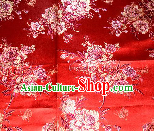 Asian Traditional Peony Flowers Pattern Design Red Satin Material Chinese Tang Suit Brocade Silk Fabric