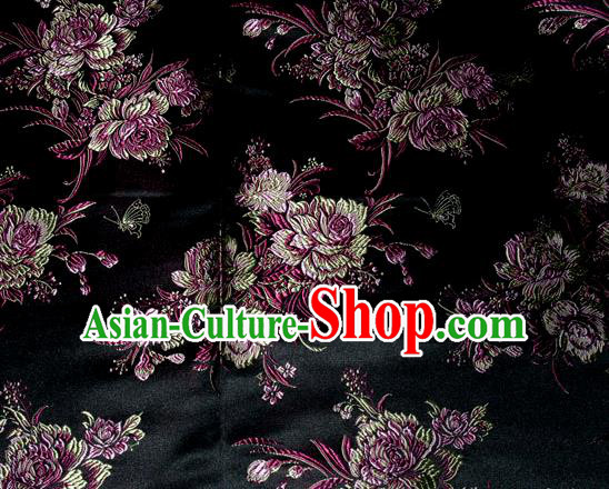 Asian Traditional Peony Flowers Pattern Design Black Satin Material Chinese Tang Suit Brocade Silk Fabric