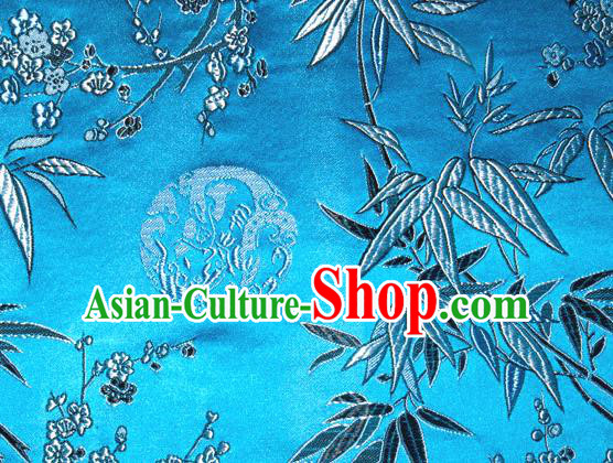 Asian Traditional Royal Plum Blossom Bamboo Pattern Design Blue Satin Material Chinese Tang Suit Brocade Silk Fabric