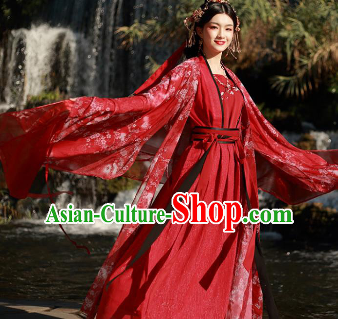 Chinese Ancient Tang Dynasty Wedding Historical Costumes Traditional Princess Red Hanfu Dress for Women