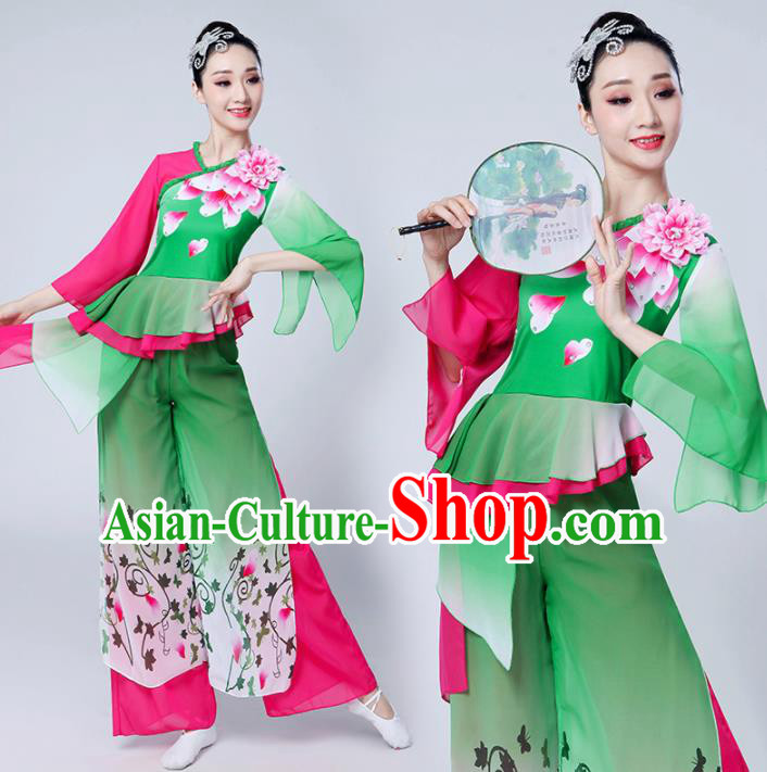 Chinese Traditional Group Dance Yangko Costumes Stage Performance Folk Dance Green Clothing for Women