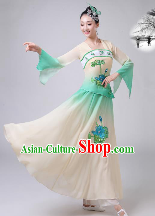 Chinese Traditional Classical Dance Green Costumes Stage Performance Umbrella Dance Dress for Women
