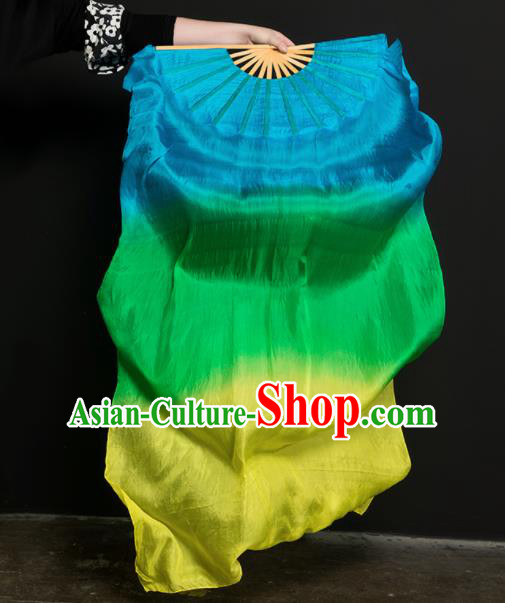 Chinese Traditional Folk Dance Props Gradient Green Ribbon Silk Fans Folding Fans Yangko Fan