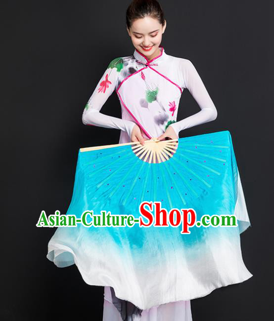 Chinese Traditional Folk Dance Props Double Sides Blue Ribbon Silk Fans Folding Fans Yangko Fan