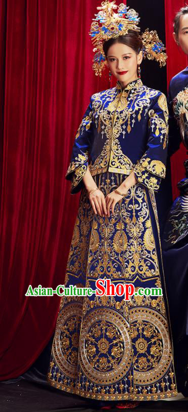 Chinese Traditional Wedding Blue Xiuhe Suits Ancient Bride Embroidered Costumes for Women