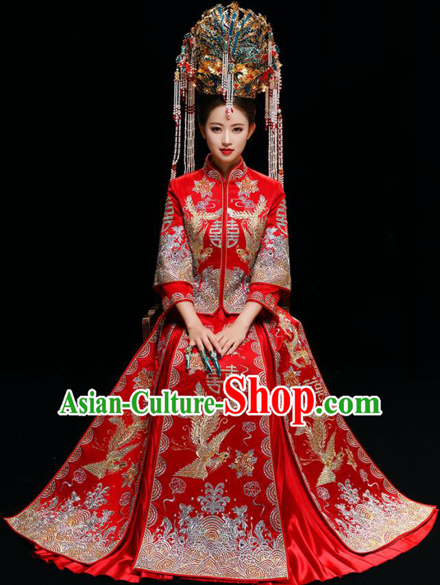 Chinese Traditional Wedding Toast Diamante Xiuhe Suits Ancient Bride Dress Embroidered Costumes for Women