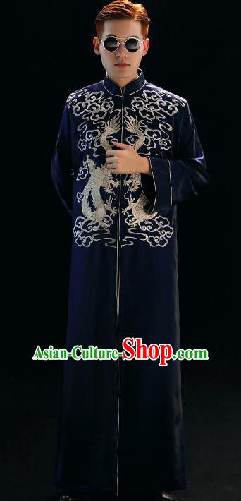 Chinese Traditional Wedding Costumes Tang Suit Bridegroom Embroidered Navy Long Gown for Men