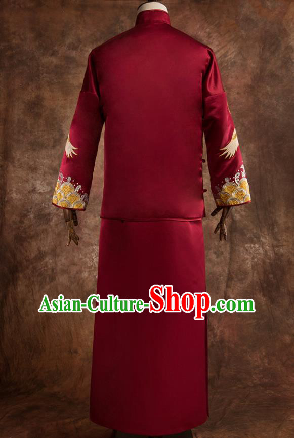 Chinese Traditional Wedding Costumes Tang Suit Bridegroom Embroidered Crane Red Long Gown for Men