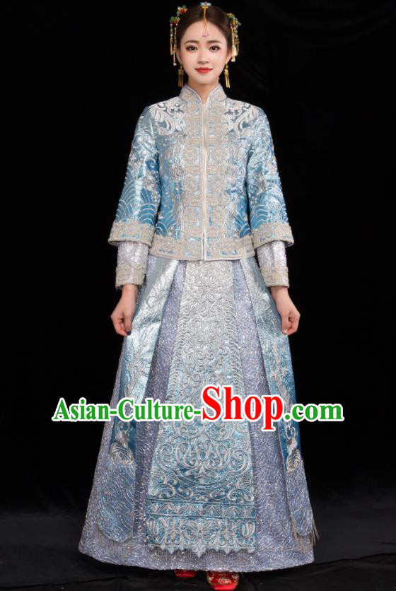 Chinese Traditional Wedding Toast Blue Xiuhe Suits Ancient Bride Handmade Embroidered Costumes for Women