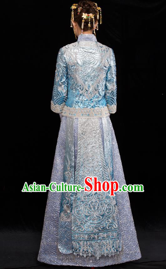 Chinese Traditional Wedding Toast Blue Xiuhe Suits Ancient Bride Handmade Embroidered Costumes for Women