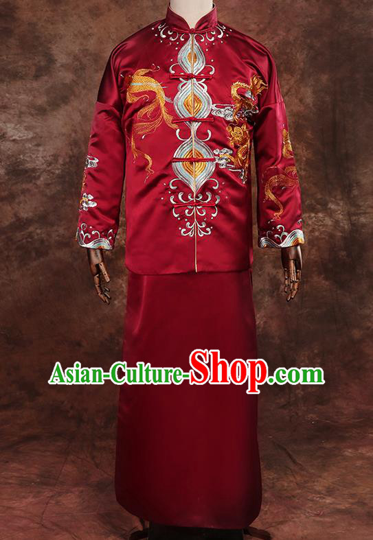 Chinese Traditional Wedding Costumes Tang Suit Bridegroom Embroidered Dragon Red Long Gown for Men