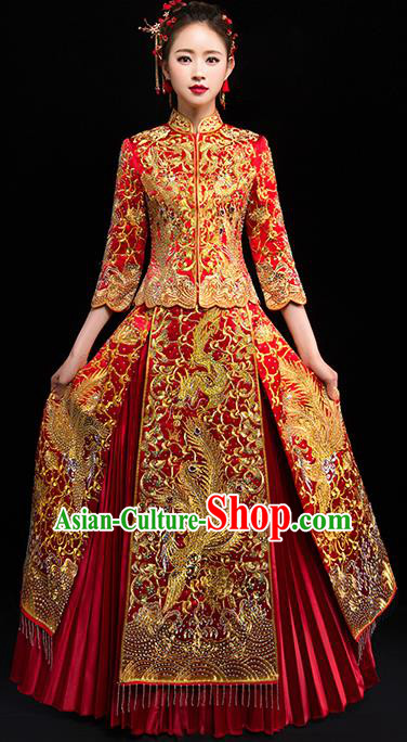 Chinese Traditional Wedding Dress Red Diamante Xiuhe Suits Ancient Bride Handmade Embroidered Costumes for Women