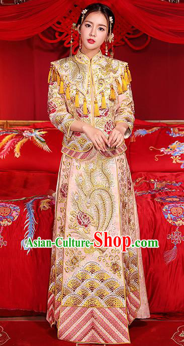 Chinese Traditional Wedding Dress Pink Xiuhe Suits Ancient Bride Handmade Embroidered Costumes for Women