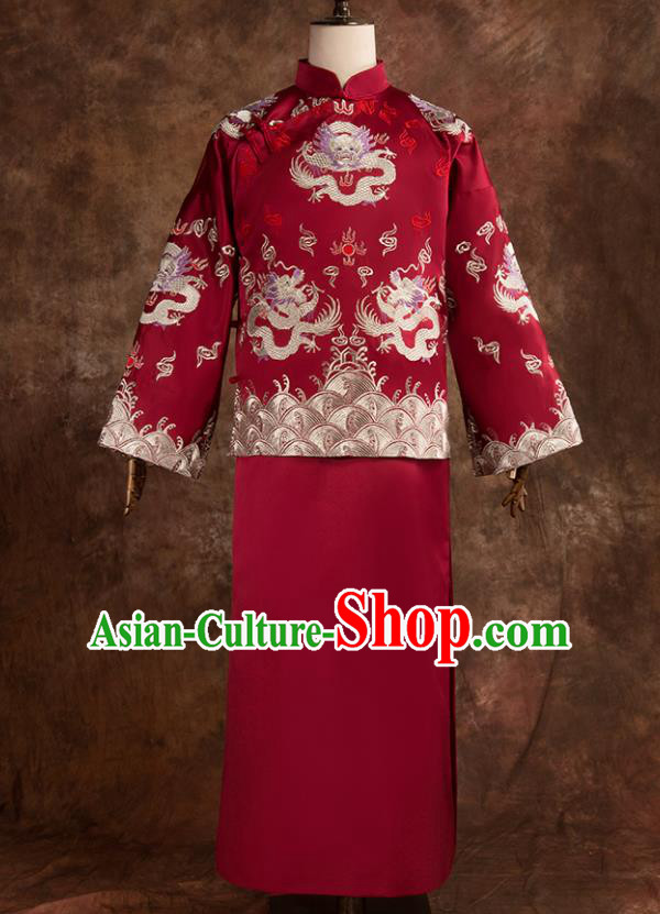 Chinese Traditional Wedding Costumes Bridegroom Embroidered Dragon Tang Suit Long Gown for Men